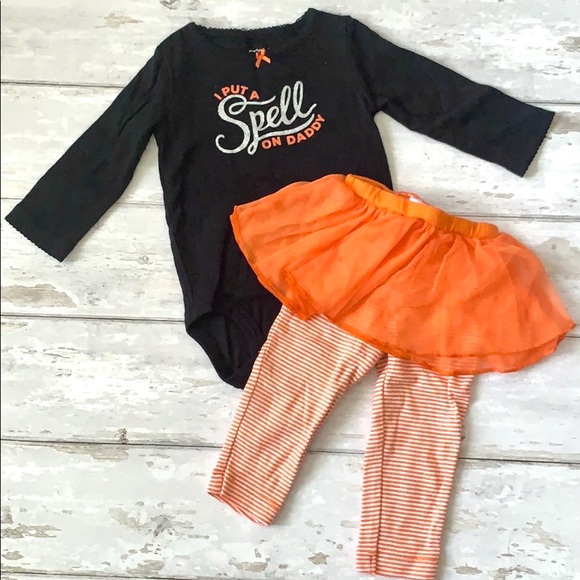 Baby Girls 9m Halloween 2pc Outfit Carters Orange Leggings Tutu Black Onesie - Picture 1 of 4